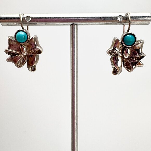 VTG Sterling Silver 925 Turquoise Bow Design Dangle Earrings 1.25" Length - Picture 2 of 9